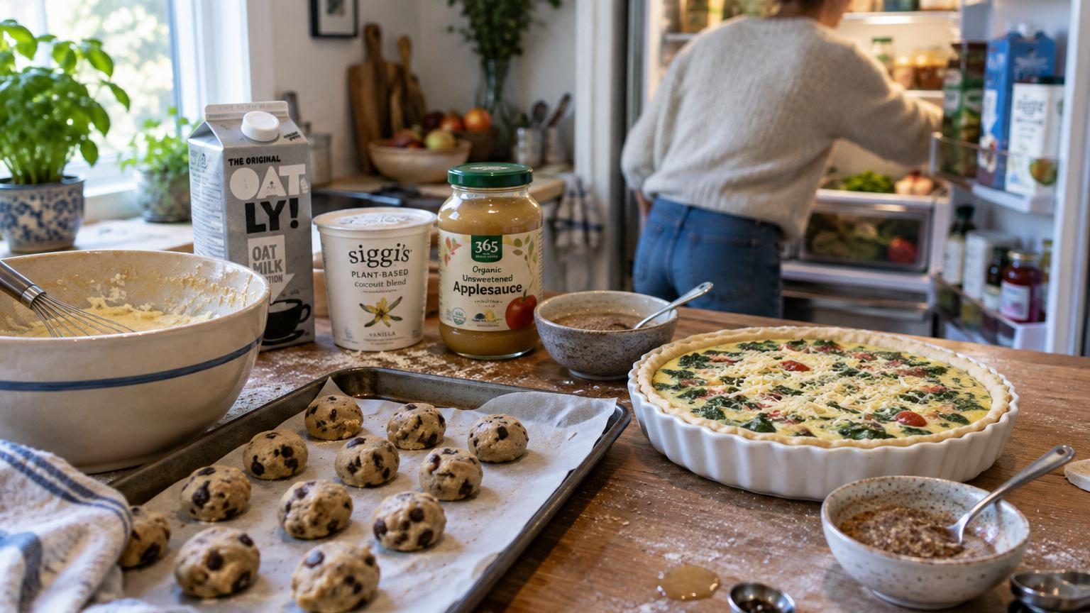 Plan de travail de cuisine avec différents ingrédients substituts aux œufs : compote de pommes, banane, yaourt, graines de lin, tofu et aquafaba disposés autour d'une préparation pâtissière en cours.