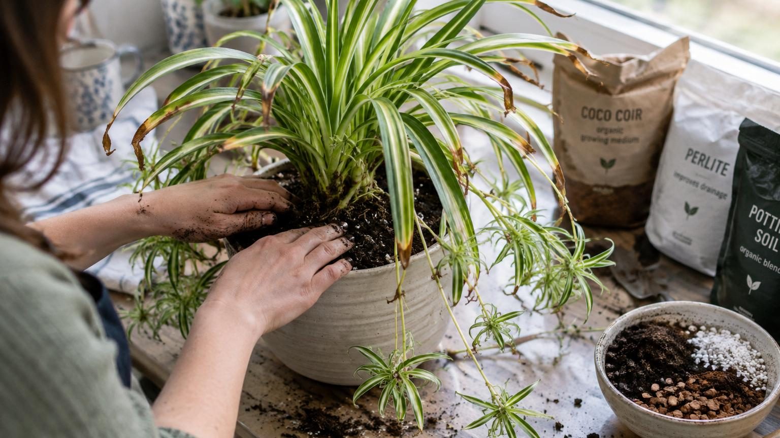 Plante araignée aux feuilles vertes et crème avec de nombreuses petites plantules suspendues sur des tiges arquées, en pot avec substrat léger et bien aéré.