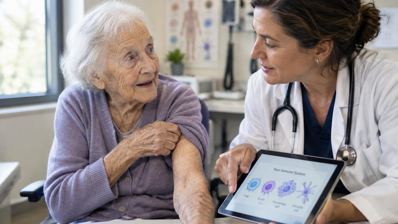 Portrait stylisé d'une personne âgée entourée de symboles de système immunitaire, de cellules saines et de vitalité, illustrant les mécanismes de protection biologiques des centenaires.
