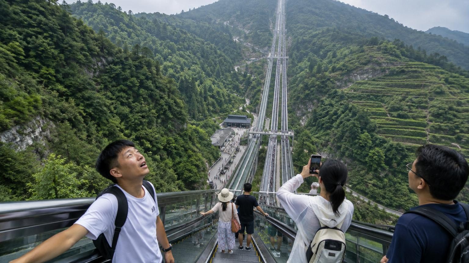 Près d'un kilomètre de long et 242 mètres de haut : la Chine ouvre le plus grand escalator du monde, 21 minutes de parcours