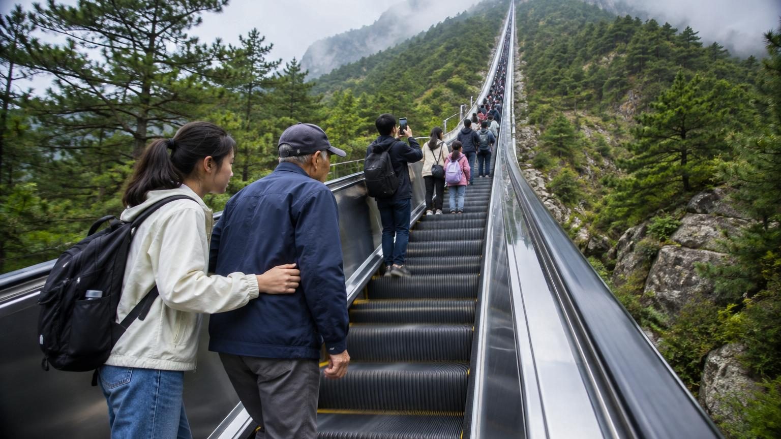 Presque 1 kilomètre de long et 242 mètres de haut : la Chine inaugure l'escalator le plus grand du monde, 21 minutes de trajet