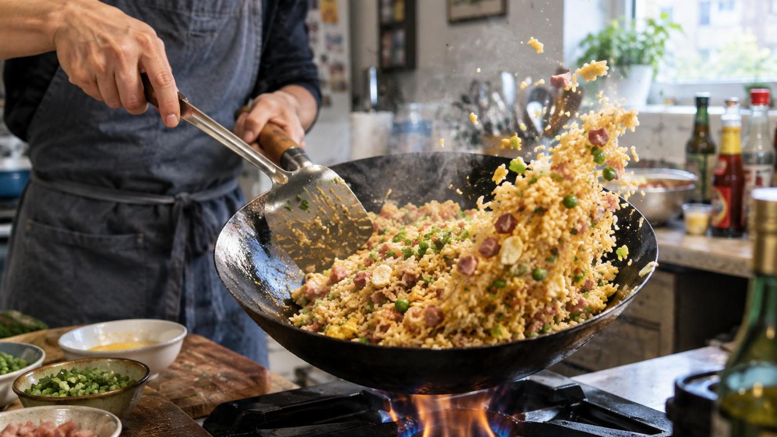 Bol de riz cantonais doré aux grains détachés, garni d'œufs brouillés, petits pois, carottes en brunoise et crevettes, parsemé de cive fraîche ciselée