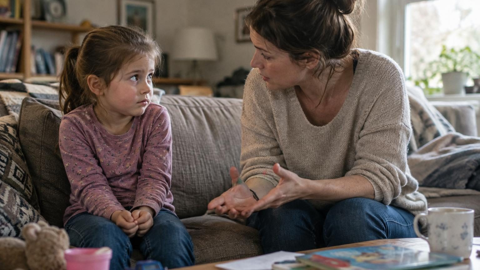 Une petite fille sourit et rit à côté d'un parent bienveillant qui l'écoute attentivement dans un environnement familial chaleureux.