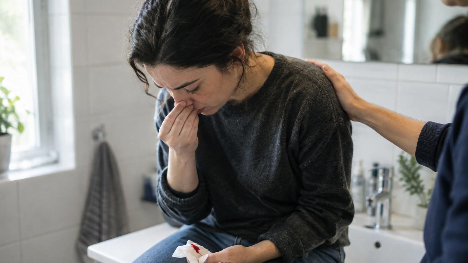 Geste médical montrant la compression correcte de la partie molle du nez avec le pouce et l'index pour arrêter un saignement
