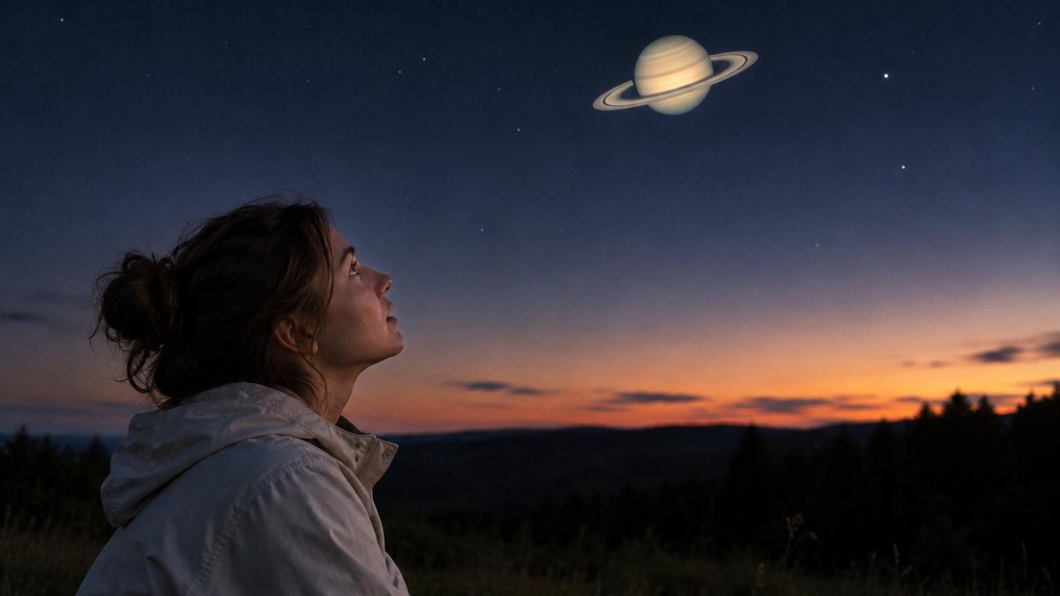 Saturne vue au télescope en opposition, présentant son disque jaune pâle entouré de ses anneaux ouverts sur un fond noir étoilé.