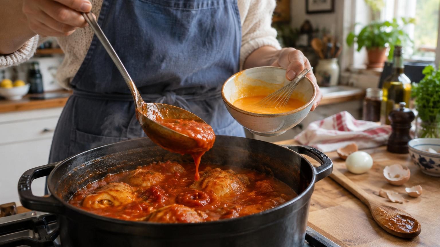 Sauce tomate trop liquide avec votre poulet en cocotte : cette méthode à base d'œuf dur la rend veloutée sans crème en moins de 30 minutes