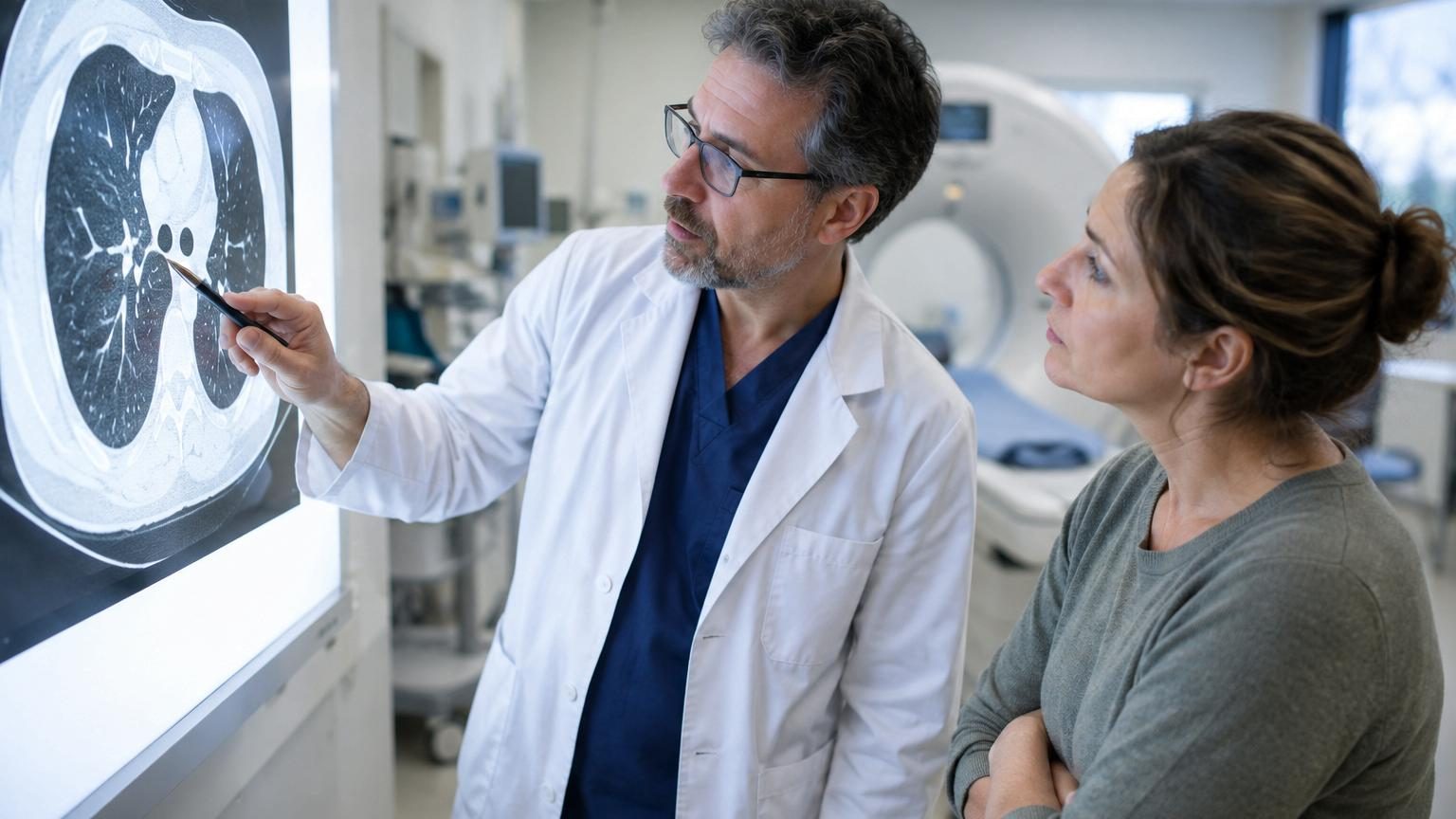 Scanner thoracique montrant les poumons et structures adjacentes avec mise en évidence des zones extrapulmonaires analysées dans l'étude de dépistage.