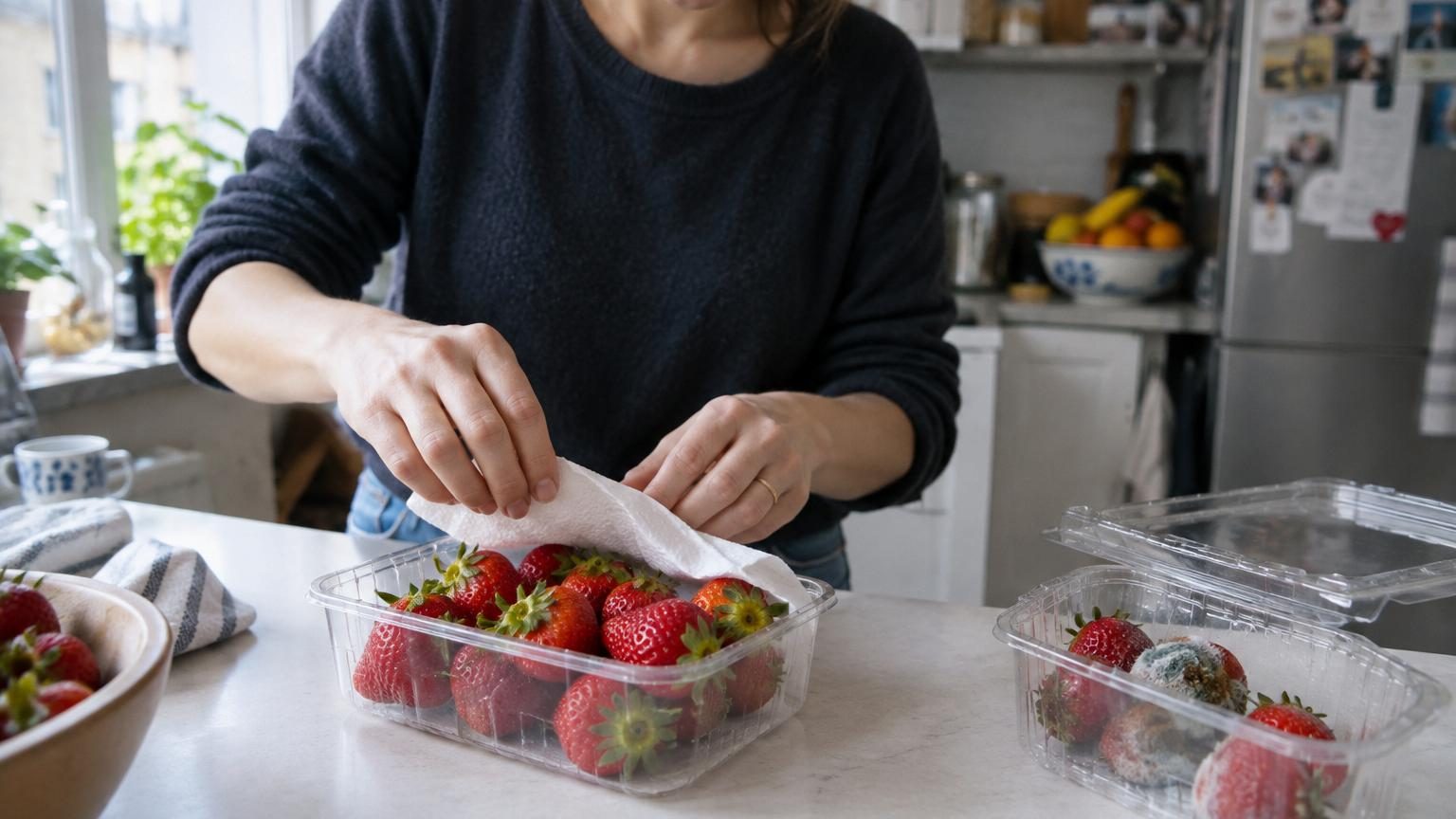 Barquette de fraises fraîches rouges avec une feuille de papier absorbant blanc intercalée entre les fruits et le fond du conteneur plastique transparent.
