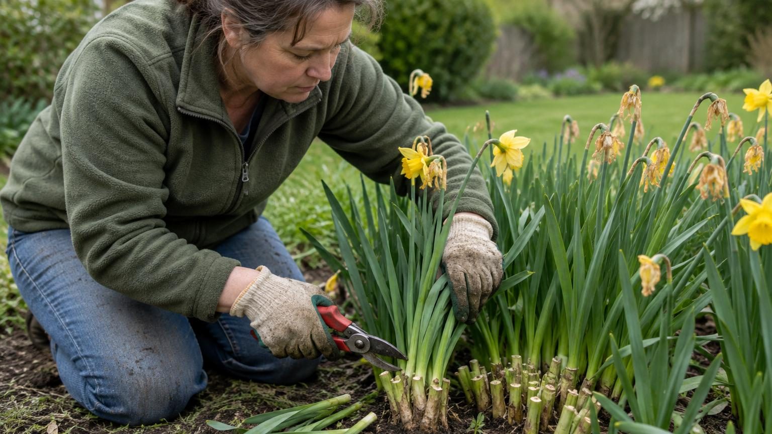 Feuilles vertes et allongées de narcisses après la floraison, avec des fleurs fanées à couper, illustrant la phase critique de recharge du bulbe au printemps.