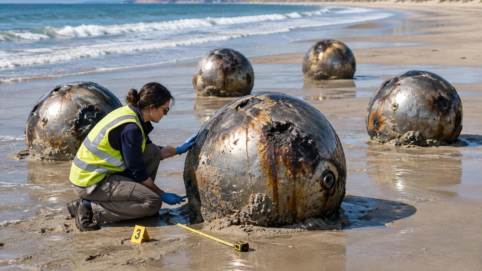 Six sphères métalliques cabossées et partiellement brûlées échouées sur une plage de sable du Queensland, avec un périmètre de sécurité établi par les autorités.