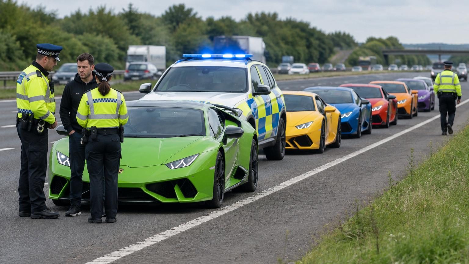 Six Lamborghini roulent à 27 km/h sur l'autoroute : la police britannique applique un protocole très strict et confisque les voitures