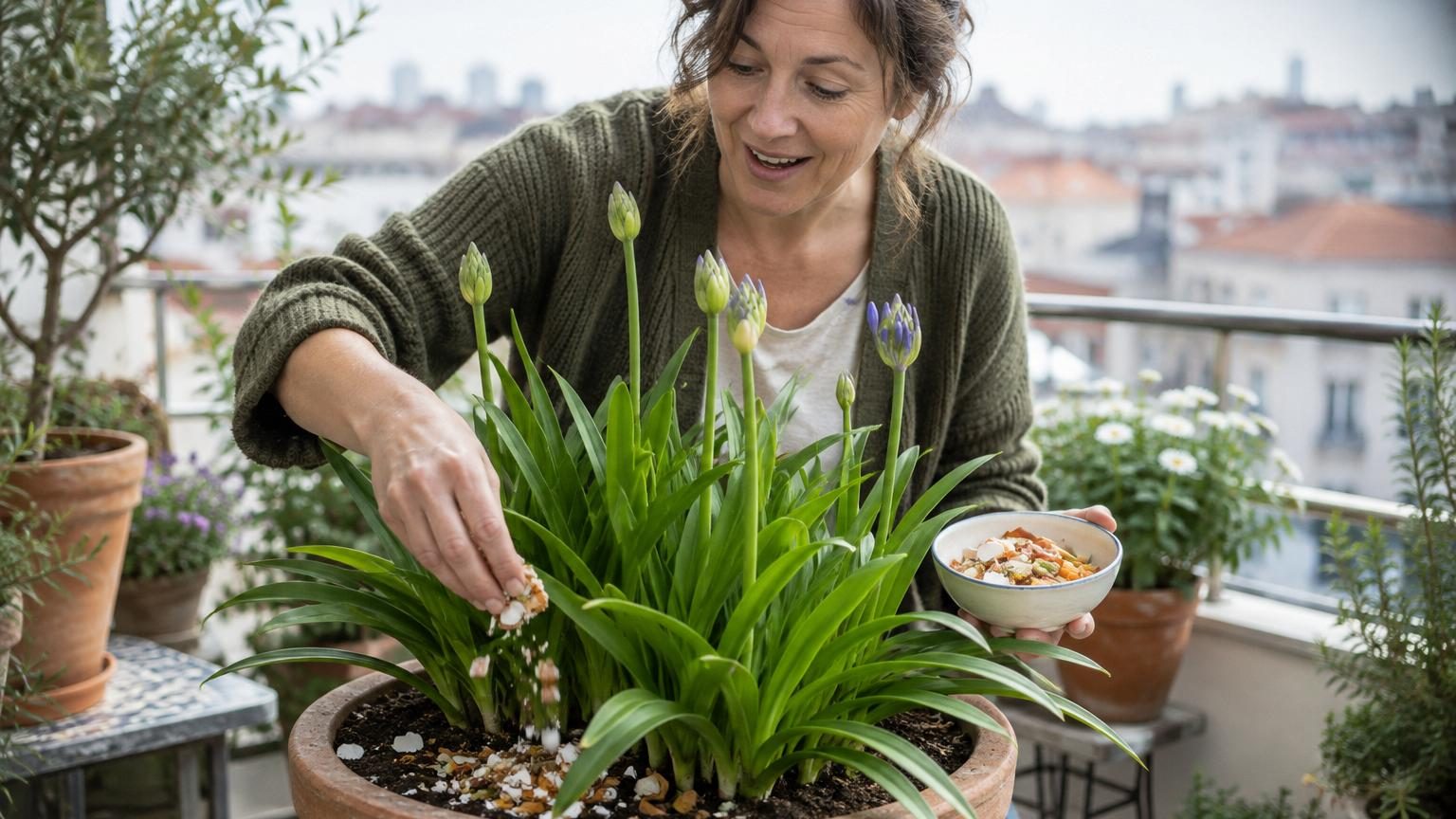 Une agapanthe aux fleurs bleues et blanches en boule, cultivée en pot ou en pleine terre, avec des feuilles vertes denses, entourée d'une peau de banane découpée en morceaux prête à être enfouie au pied.