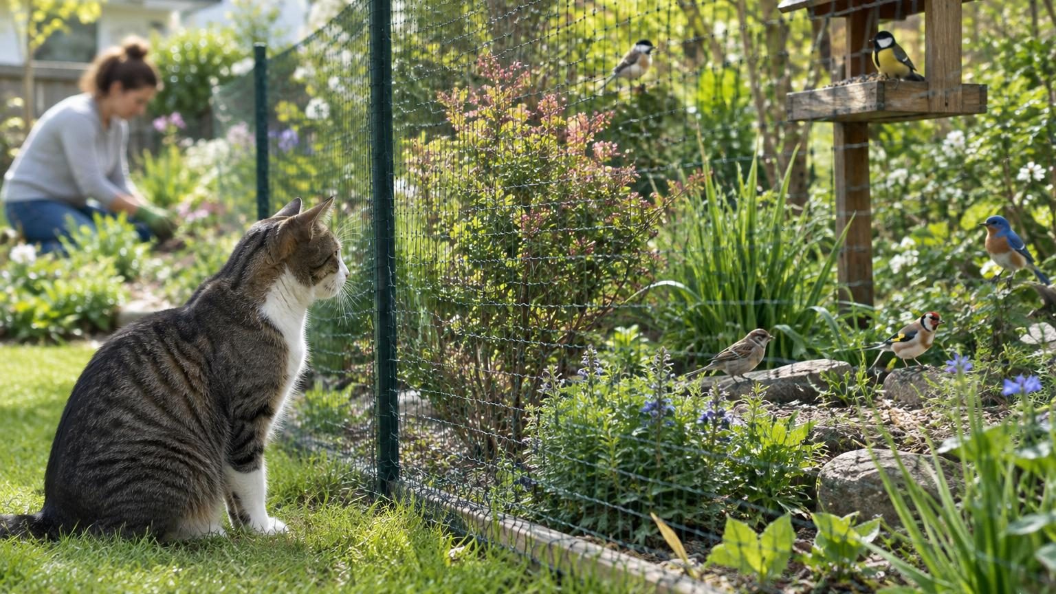 Un jardin français transformé avec un refuge végétal dense composé d'arbres, broussailles et plantes couvre-sol pour protéger les oiseaux nicheurs des attaques des chats domestiques