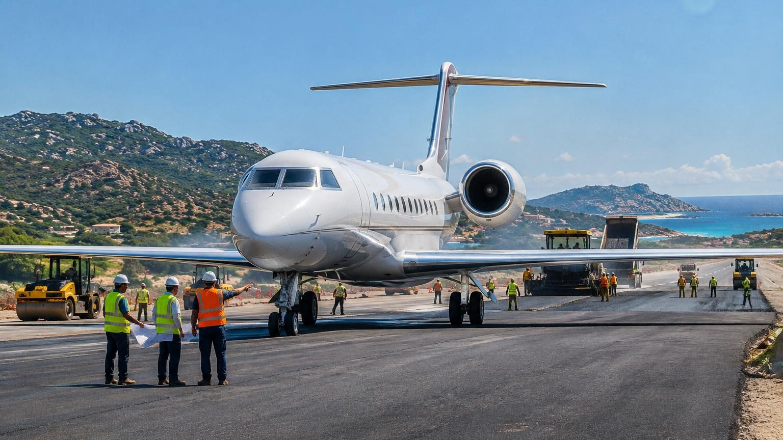 Vue aérienne d'un Boeing 747-8 privé blanc posé sur une piste agrandie de l'aéroport d'Olbia en Sardaigne, entouré d'installations aéroportuaires modernes.