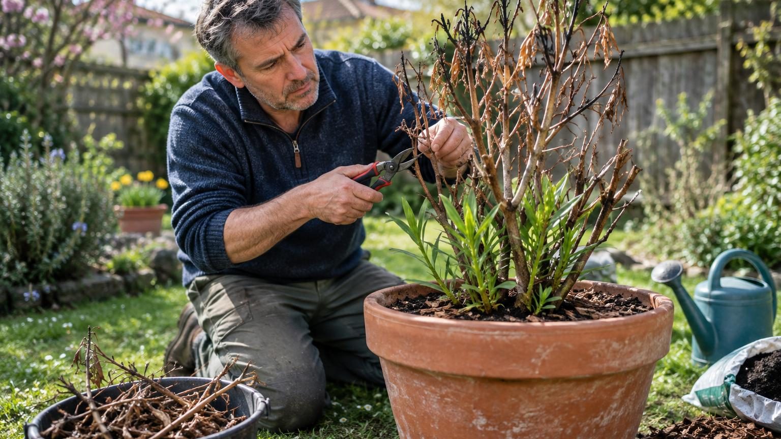 Laurier-rose aux feuilles brunies et rameaux secs après hivernage, posé en pot près d'un mur, avec feuillage partiellement mort mais bourgeons à la base annonçant une reprise.