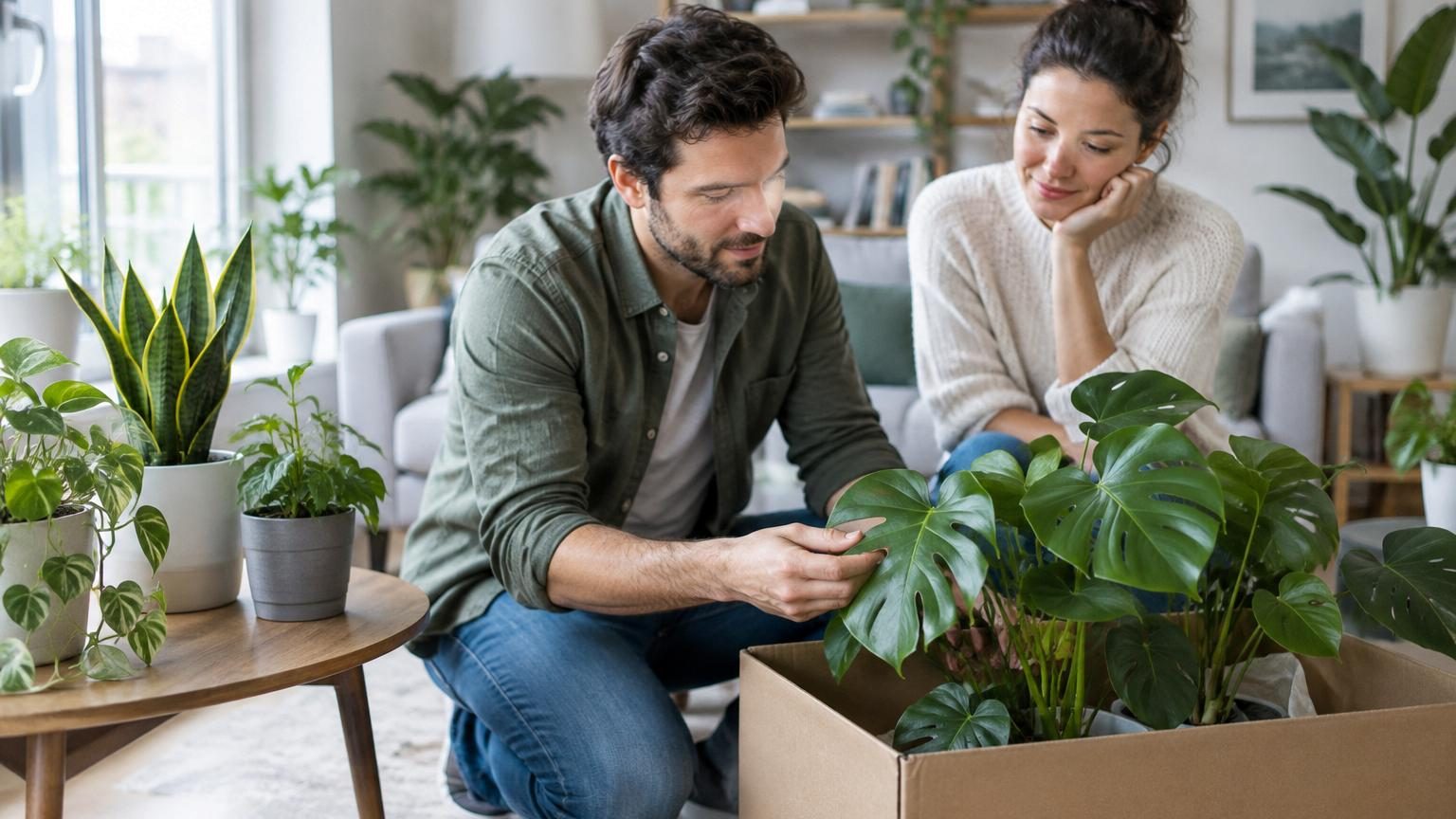 Un jardinier professionnel examine des plantes d'intérieur vertes et robustes exposées dans le rayon IKEA, cherchant les espèces les plus tolérantes comme les sansevières et les pothos.