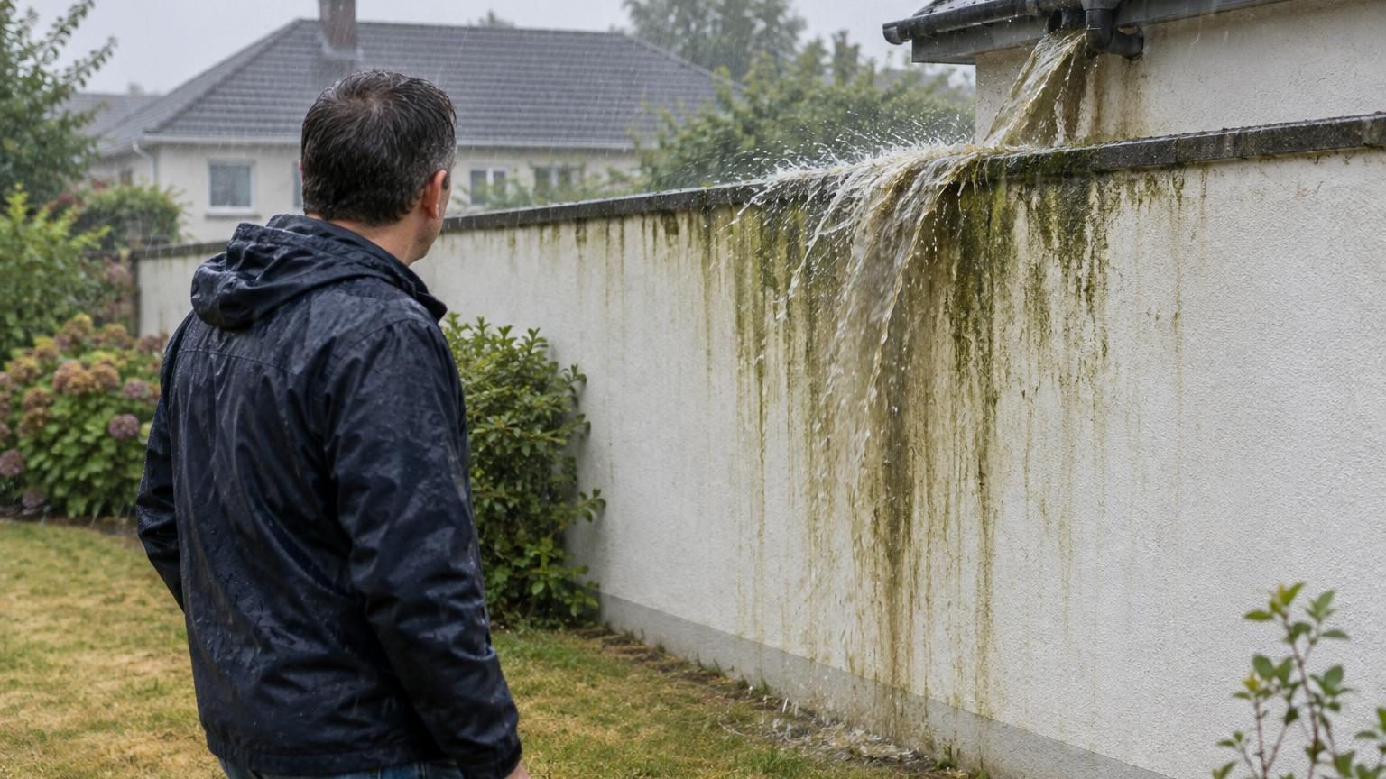 Son mur mitoyen verdit chaque année : ce n'est pas l'humidité du sol, mais ce qui se déverse à chaque grosse pluie