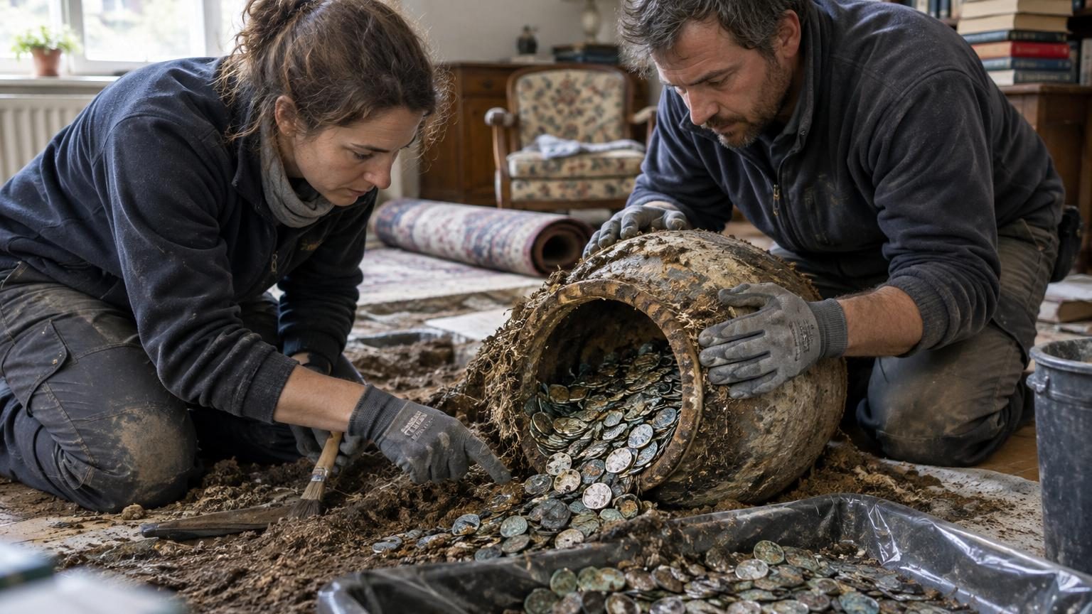 Sous le sol d'un salon de la Meuse, des archéologues exhument un bocal de 40 000 pièces romaines : ce n'était pas un trésor caché, mais une tirelire vieille de 1 800 ans