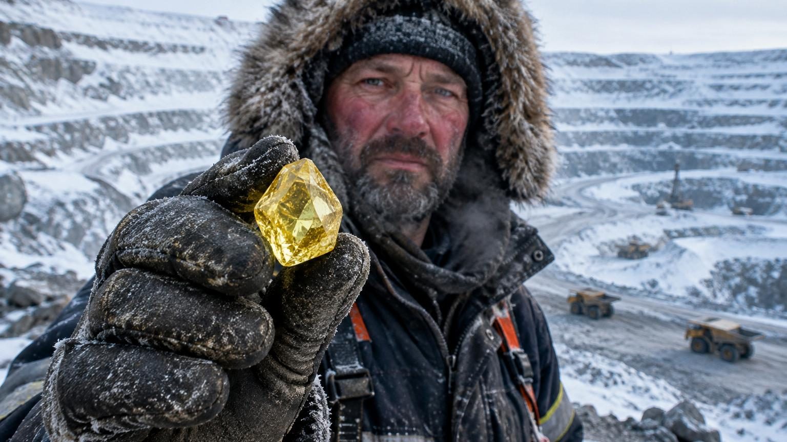 Diamant brut jaune de taille exceptionnelle reposant sur une surface rocheuse, illustrant la précieuse découverte minière du gisement de Diavik au Canada.
