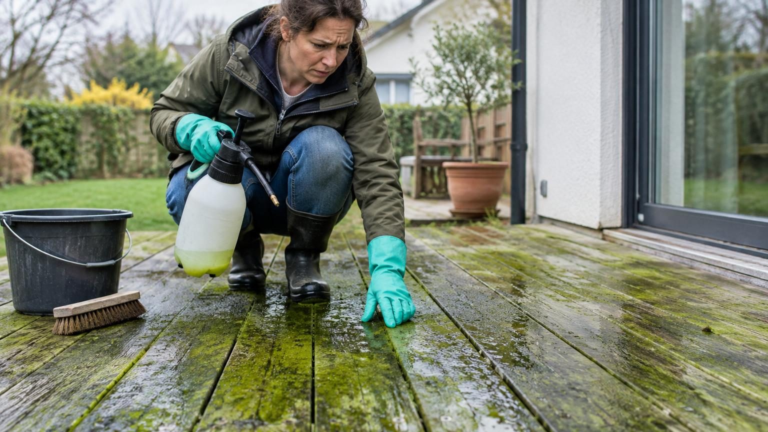 Terrasse verdâtre et glissante après l'hiver : ce n'est ni le vinaigre ni le liquide vaisselle qu'il faut utiliser