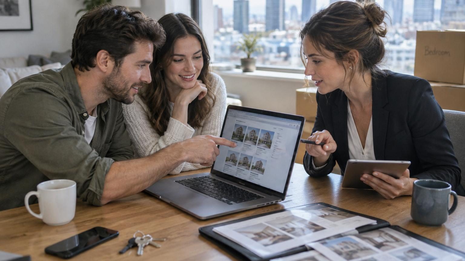 Interface numérique avec conversation d'IA et proposition de biens immobiliers ciblés pour accélérer la recherche de logement.