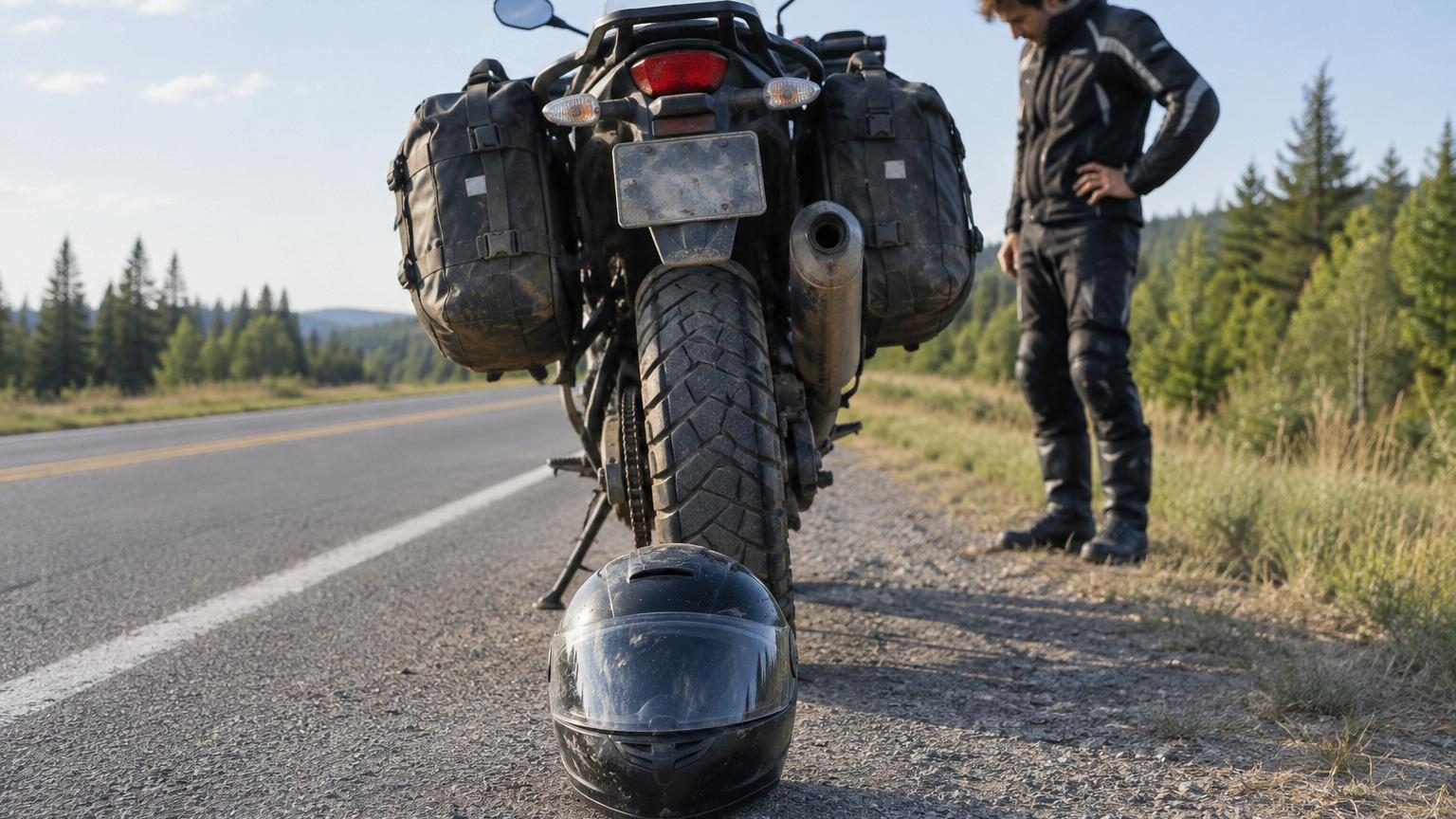 Un casque posé au sol derrière une moto arrêtée : ce signal discret veut dire que le motard a besoin d'aide