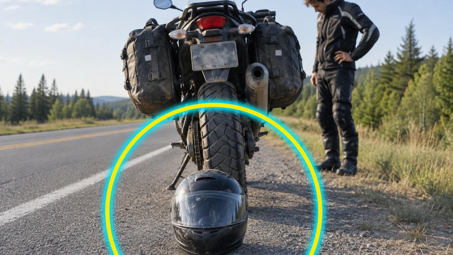 Un casque posé au sol derrière une moto arrêtée : ce signal discret veut dire que le motard a besoin d'aide