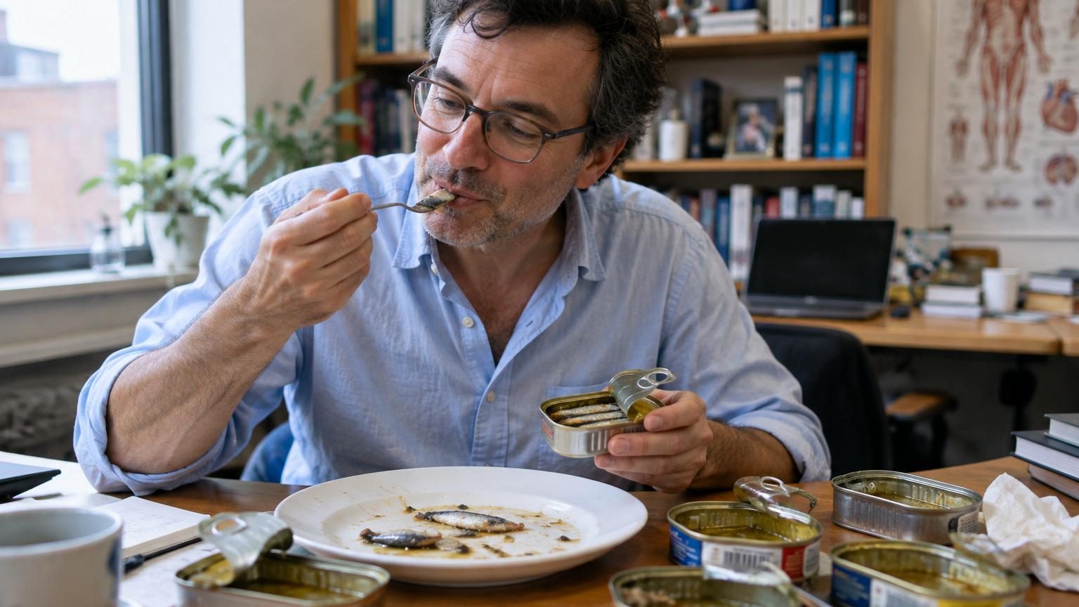 Sardines fraîches empilées, montrant leur corps argenté caractéristique et leurs écailles brillantes, symbole du régime extrême mené par le chercheur