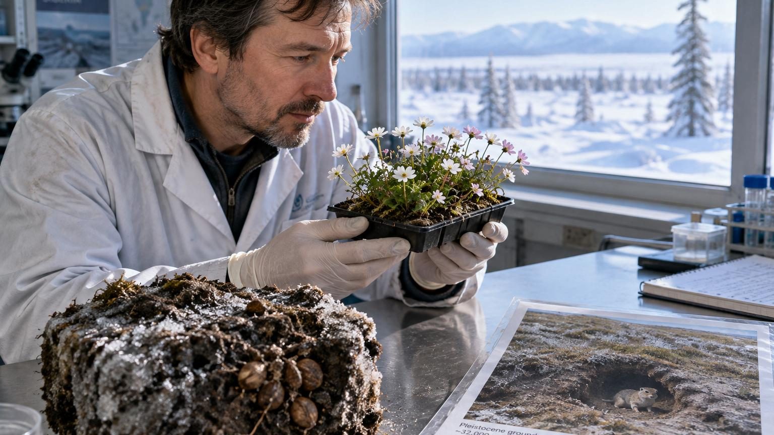 Illustration scientifique montrant la coupe transversale d'une galerie de permafrost sibérien à 38 mètres de profondeur, avec des fruits anciens d'écureuil terrestre, et des plantes régénérées en laboratoire avec leurs fleurs délicates.