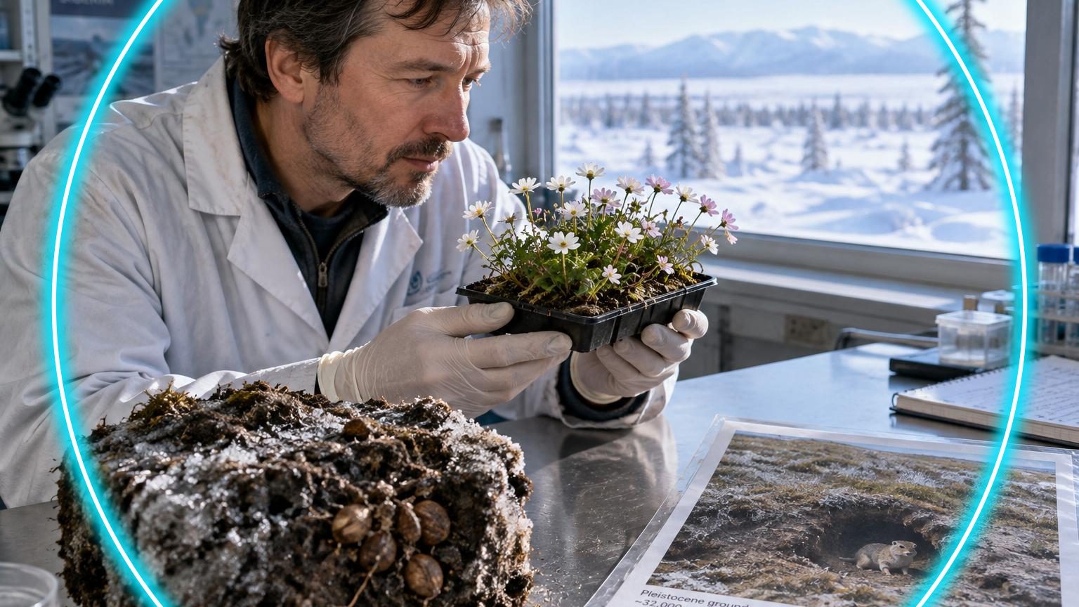 Illustration scientifique montrant la coupe transversale d'une galerie de permafrost sibérien à 38 mètres de profondeur, avec des fruits anciens d'écureuil terrestre, et des plantes régénérées en laboratoire avec leurs fleurs délicates.