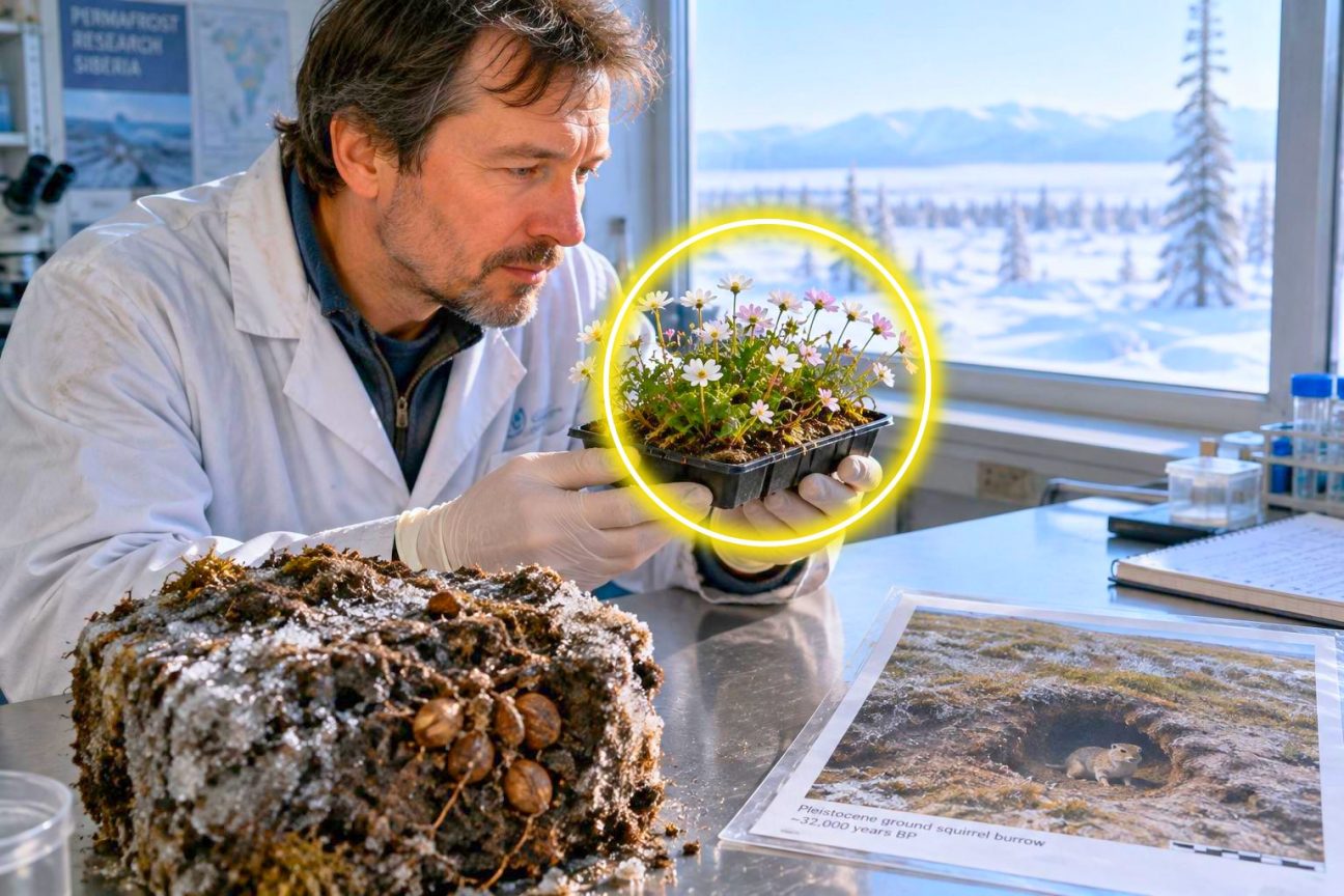 Illustration scientifique montrant la coupe transversale d'une galerie de permafrost sibérien à 38 mètres de profondeur, avec des fruits anciens d'écureuil terrestre, et des plantes régénérées en laboratoire avec leurs fleurs délicates.