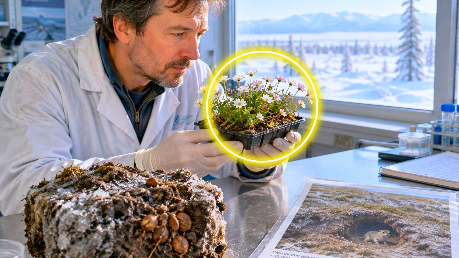 Illustration scientifique montrant la coupe transversale d'une galerie de permafrost sibérien à 38 mètres de profondeur, avec des fruits anciens d'écureuil terrestre, et des plantes régénérées en laboratoire avec leurs fleurs délicates.
