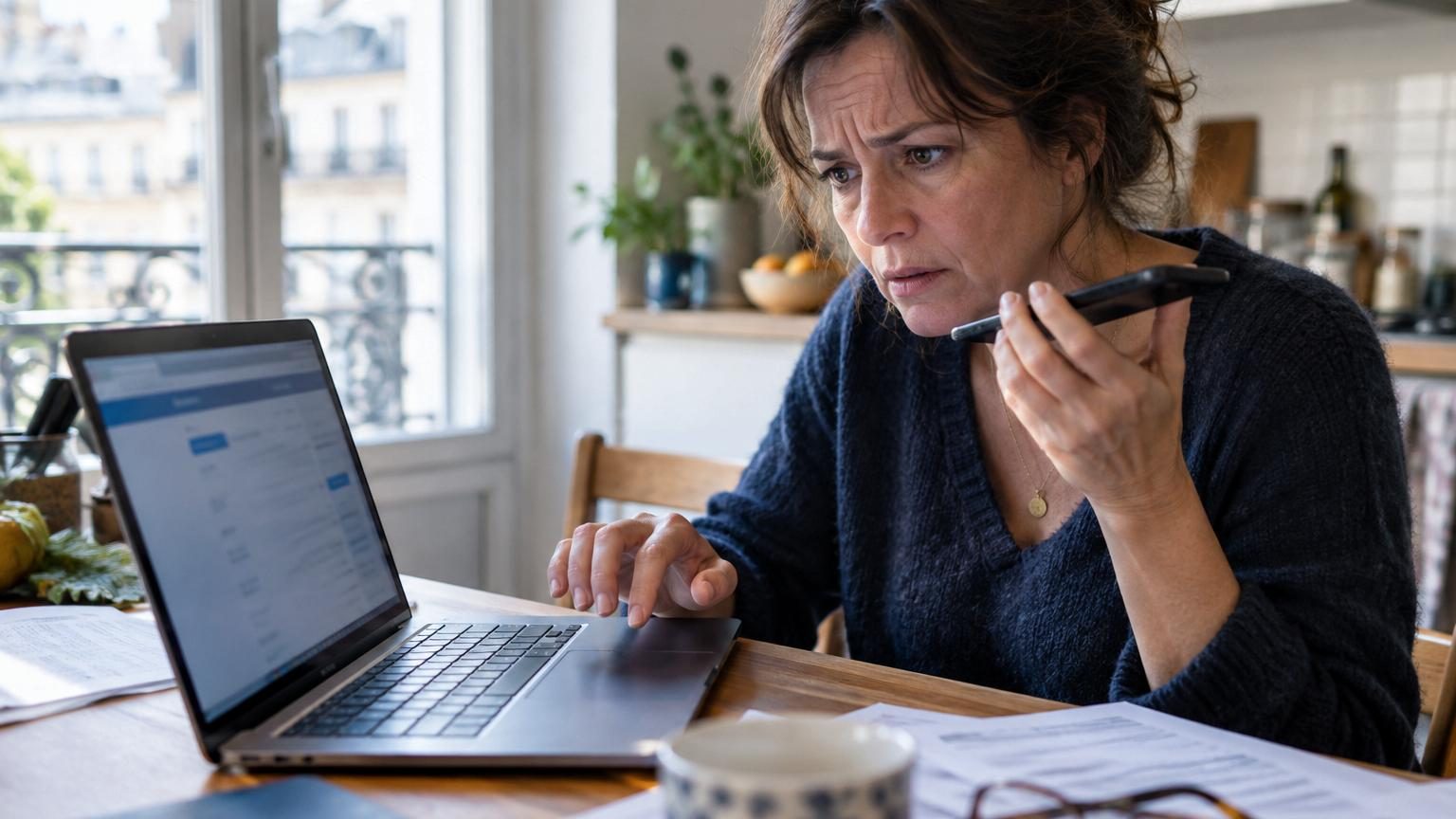 Illustration d'un appel téléphonique suspect : un téléphone mobile affichant un numéro inconnu sur fond d'écran bancaire avec mention de mouvements suspects, symbolisant une tentative de fraude au faux conseiller.