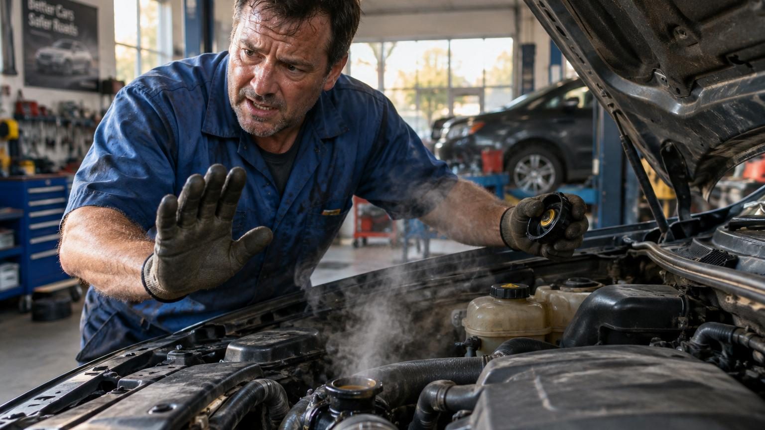 Mécanicien inspectant le moteur d'une voiture avec le capot ouvert, montrant les caches plastiques de protection autour du bloc moteur en atelier.