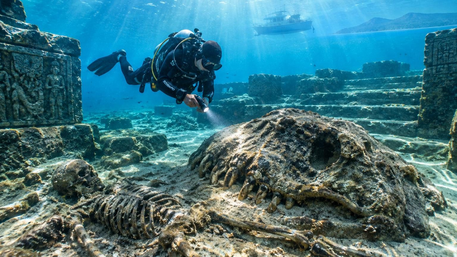 Illustration d'une ancienne plaine préhistorique sous la mer de Java avec des Stégodontes, des humains archaïques et des rivières, désormais complètement submergée sous l'océan.