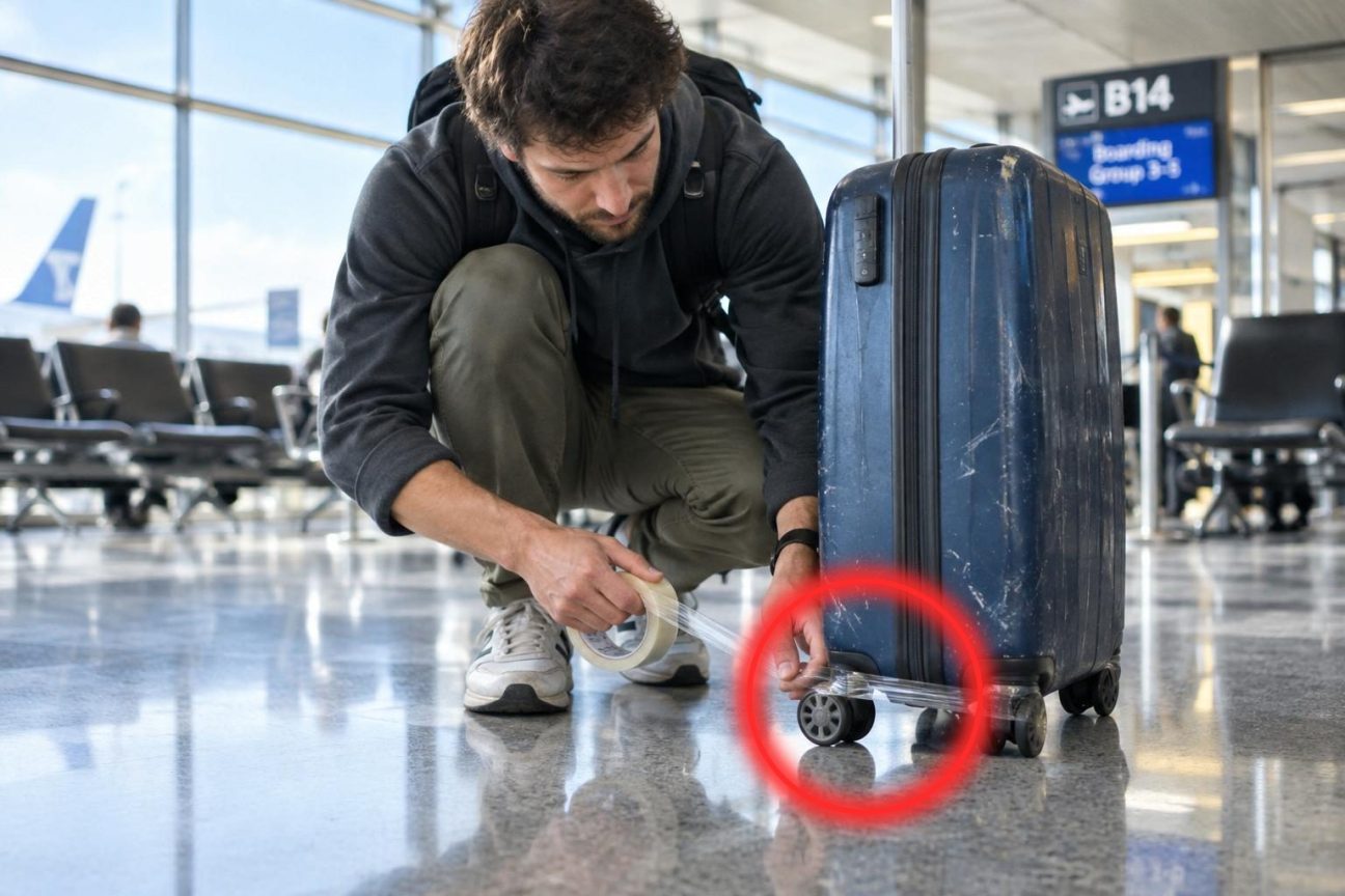 Un peu d’adhésif sur les roulettes de la valise avant d’embarquer : la raison pour laquelle de plus en plus de voyageurs le fonttttt