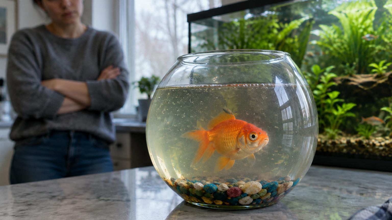 Un poisson rouge regardant vers le haut à travers la surface claire d'un bocal rond en verre, illustrant le manque d'espace et les conditions inadéquates