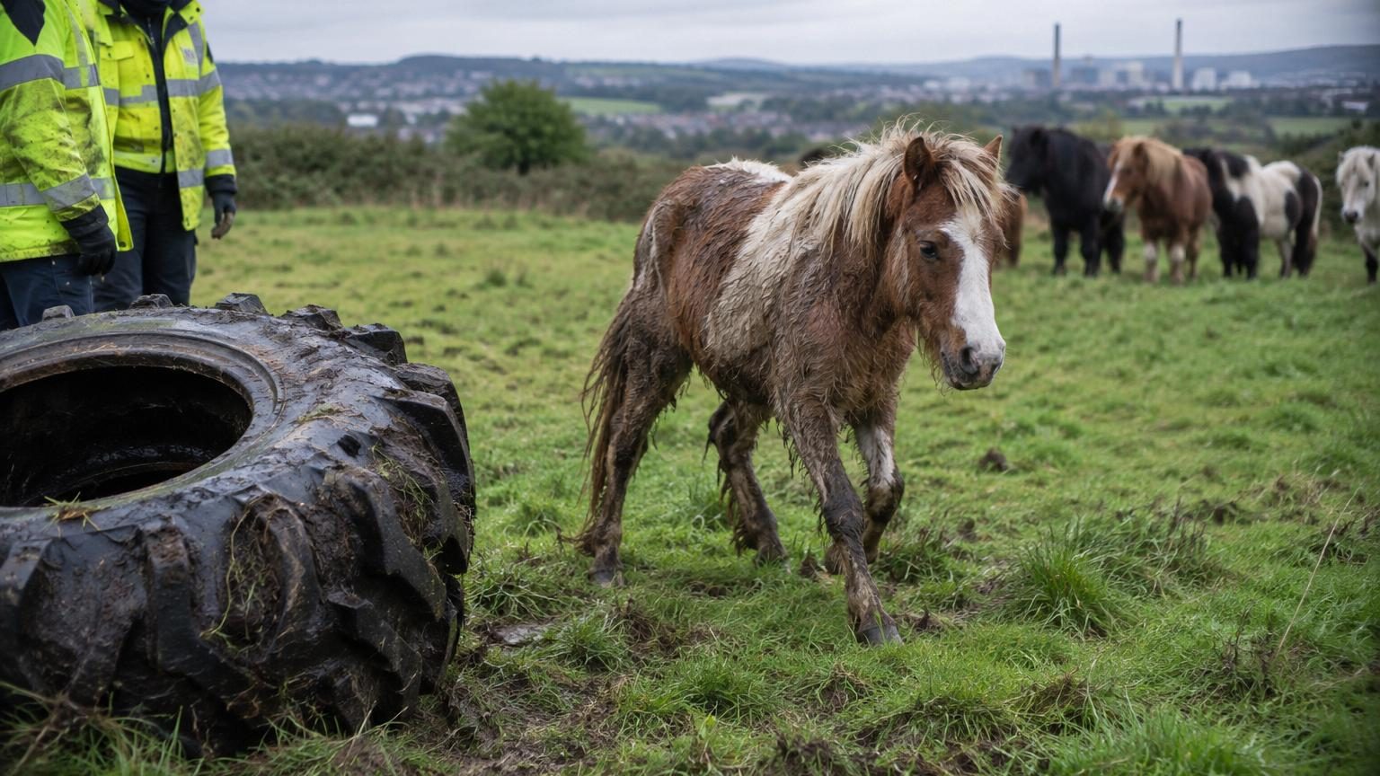 Un poney retrouvé coincé à l'intérieur d'un pneu de tracteur : il en ressort indemne et repart en titubant vers son troupeau