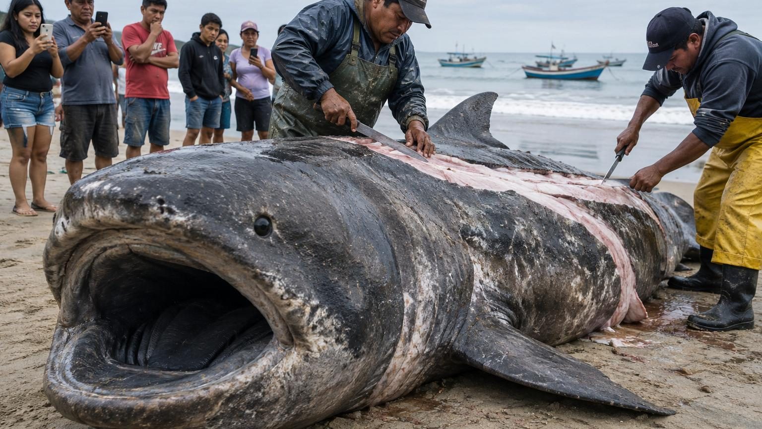 Un requin grande gueule rare apparaît dans la mer de Piura, au Pérou, et des habitants le découpent en filets : voici à quoi ressemble cette espèce presque jamais observée