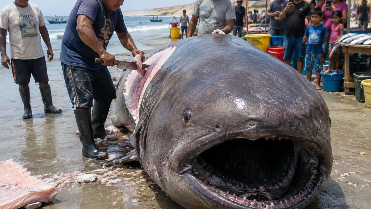 Un requin grande gueule rare apparaît dans la mer de Piura, au Pérou, et des habitants le découpent en filets : voici à quoi ressemble cette espèce presque jamais observée ailleurs