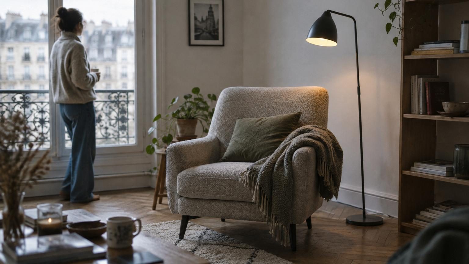 Fauteuil lounge en teck massif avec assise en corde tressée, de style Japandi, positionné près d'une baie vitrée avec une plante verte et une lampe à pied pour créer un coin détente dans un salon.