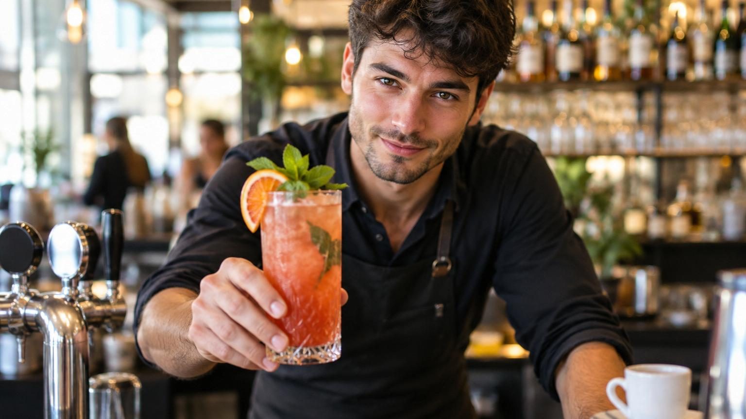 Un serveur à un comptoir de bar versant une boisson alcoolisée dans un verre avec des glaçons, illustrant la préparation d'un cocktail rentable.