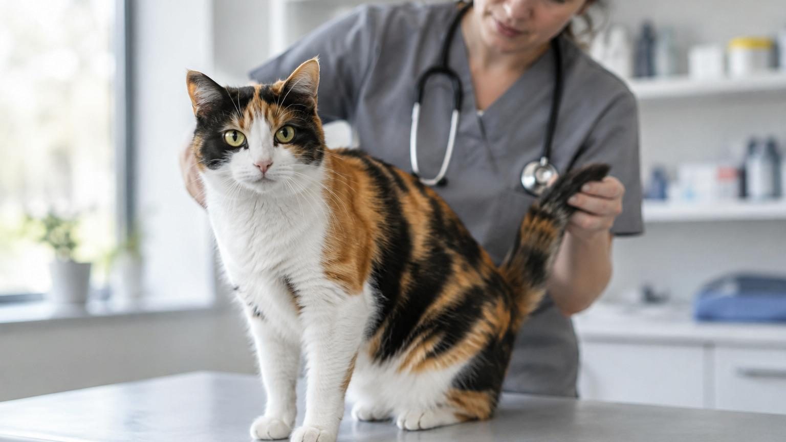 Illustration d'un chat aux pelage tricolore composé de taches blanches, noires et orange réparties de manière irrégulière sur son corps