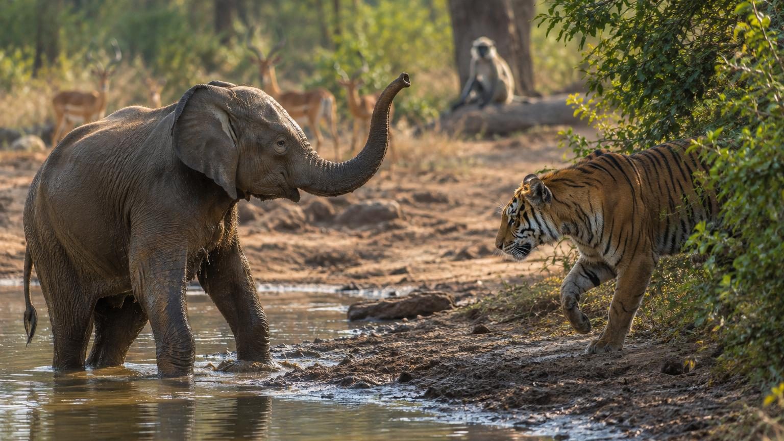 Un tigre s'approche du point d'eau : la réaction inattendue de l'éléphant fait le tour du monde