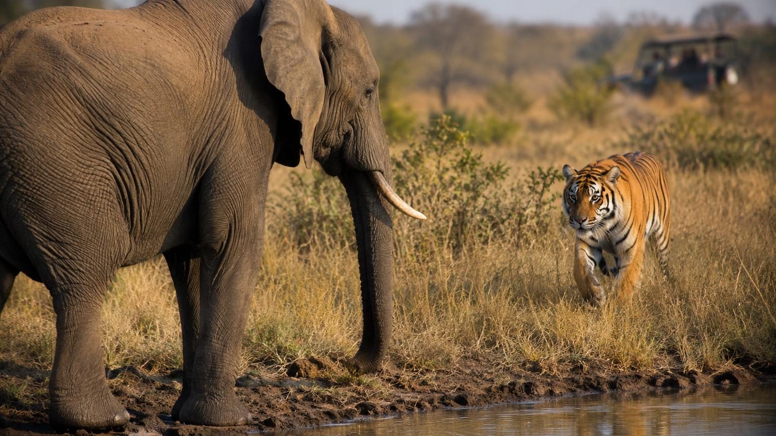 Un tigre s'approche du point d'eau : la réaction surprenante de l'éléphant fait désormais le tour du monde
