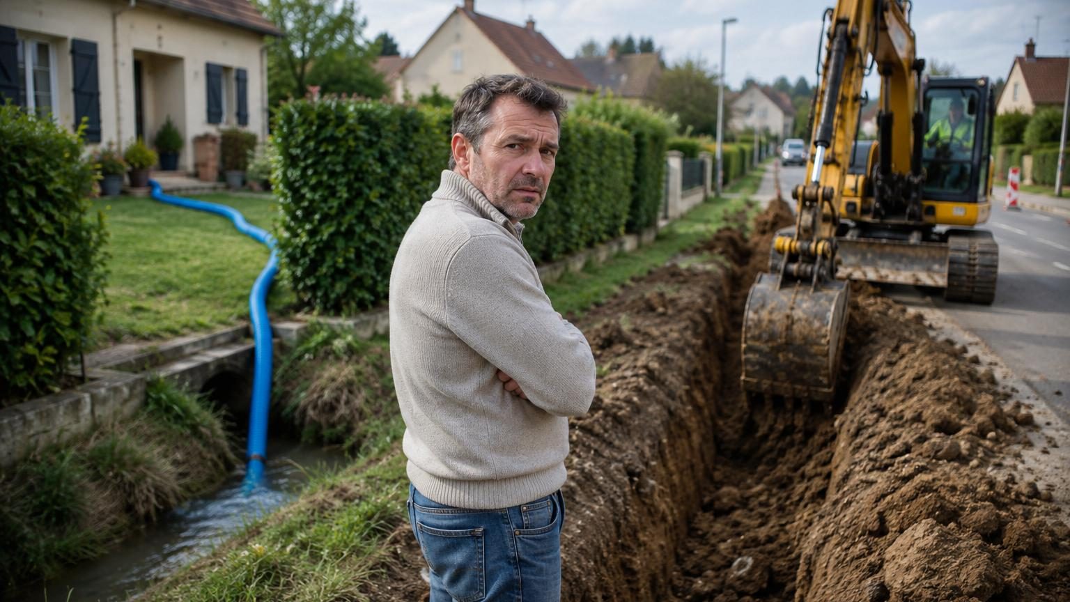 Un tuyau de la piscine jusqu'au fossé en septembre : trois semaines plus tard, les engins creusent une tranchée juste devant chez lui