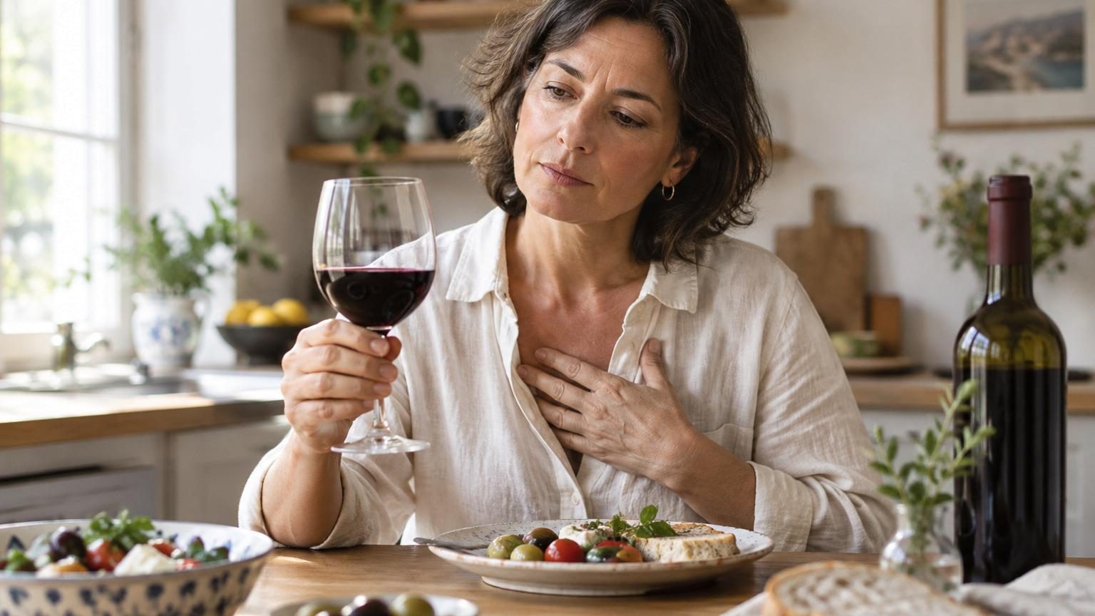 Verre de vin rouge sur une table lors d'un repas, entouré de fruits rouges et de raisins frais symbolisant les alternatives saines