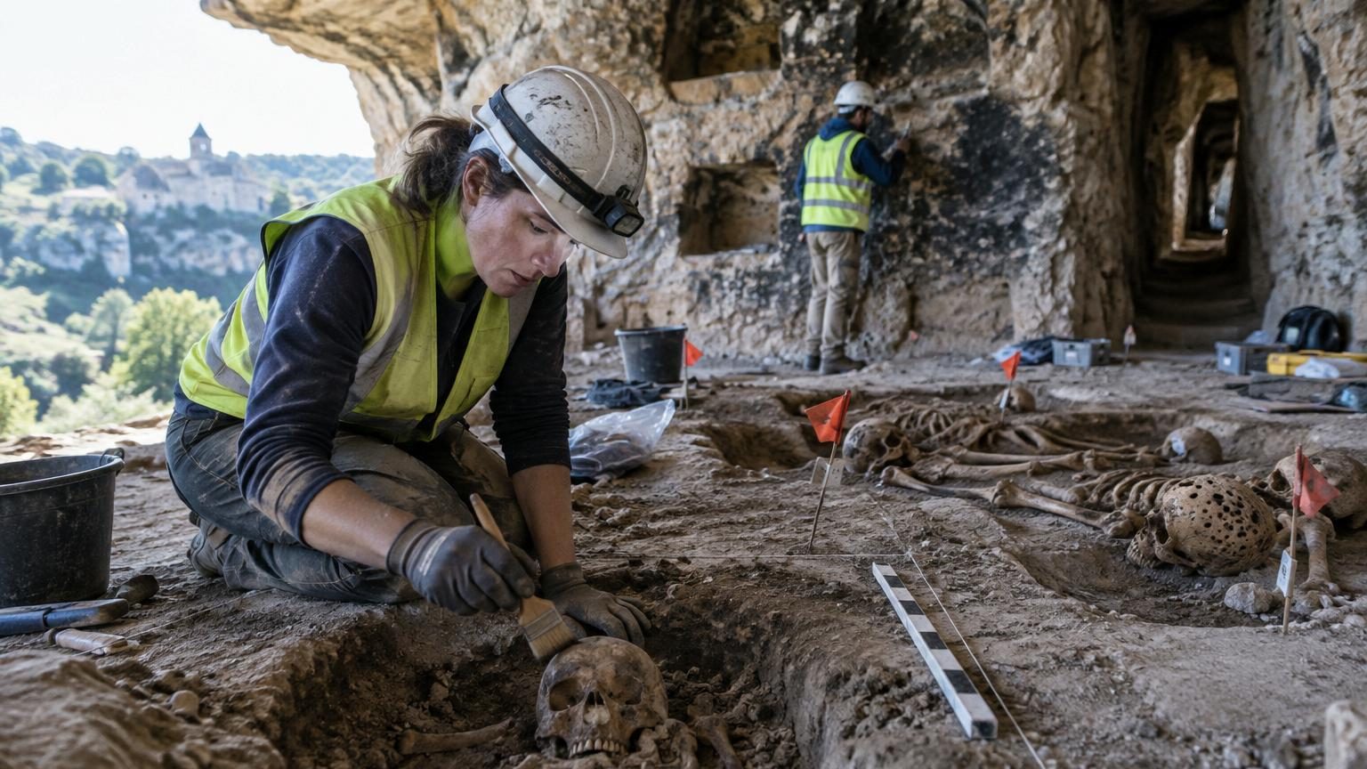 Falaises rocheuses avec entrées de grottes creusées dans la pierre, site archéologique médiéval du nord de l'Espagne montrant les habitations troglodytes interconnectées de Las Gobas.