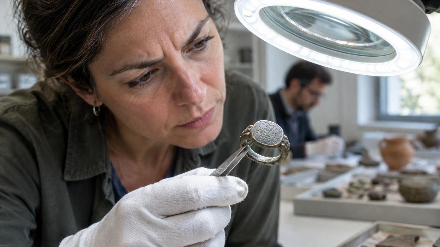 Bague antique en cuivre avec inscription grecque gravée sur le chaton, exposée sur un fond neutre.