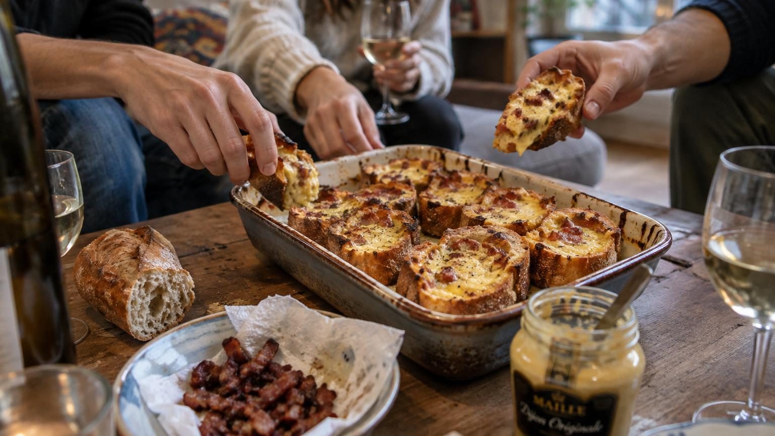 Une baguette rassise, des lardons et une astuce anti-humidité : l'apéro façon quiche lorraine qui disparaît en dix minutes